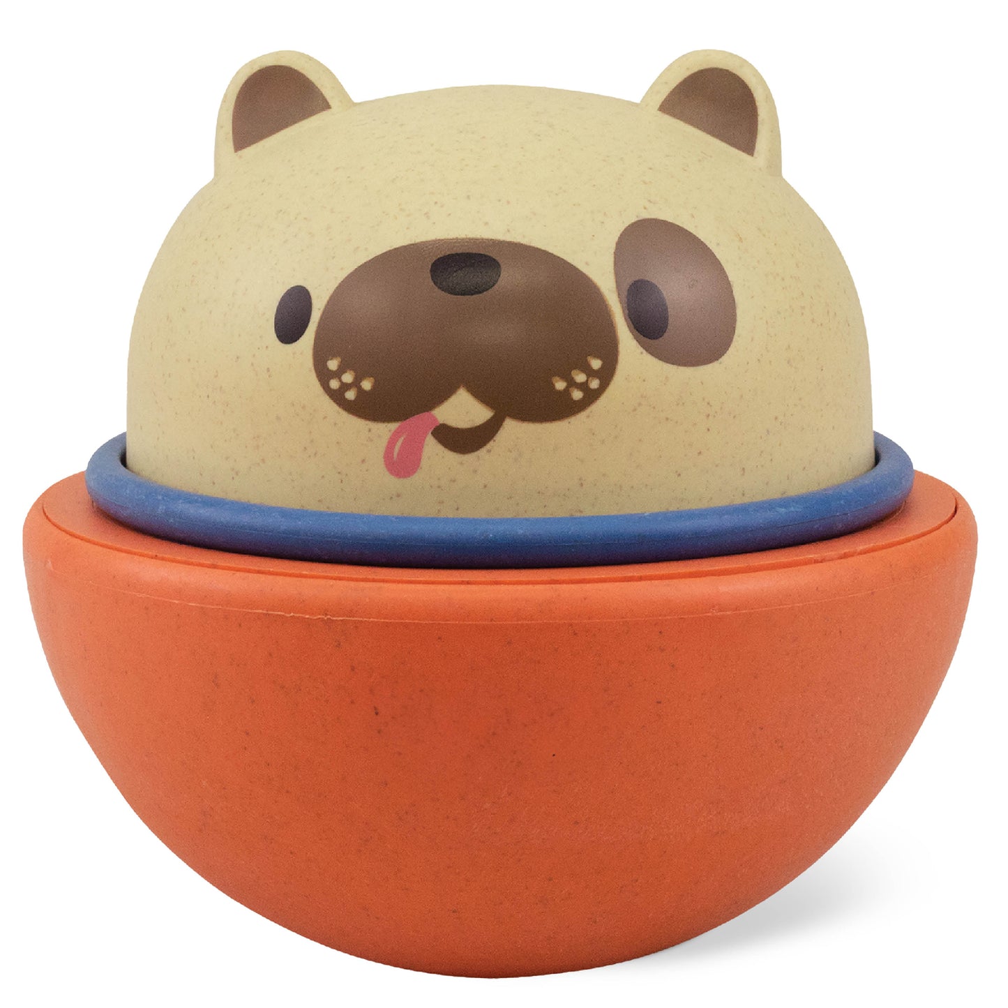 Cream-colored dog face with brown snout and ears in an orange dome-shaped base with blue band, rocking toy