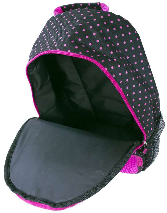 Black backpack with fuchsia pink polka dots and trim, shown open to reveal spacious interior compartment