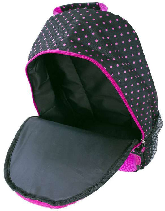 Black backpack with fuchsia pink polka dots and trim, shown open to reveal spacious interior compartment