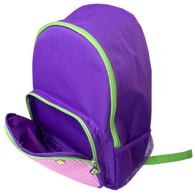 Purple backpack with neon green and pink trim, front pocket unzipped to show interior, adjustable green shoulder straps