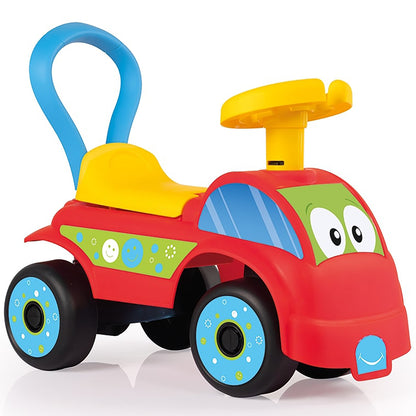 Red and blue ride-on toy vehicle with yellow seat and handle, large expressive eyes, blue wheels with patterned design, and yellow steering wheel on top