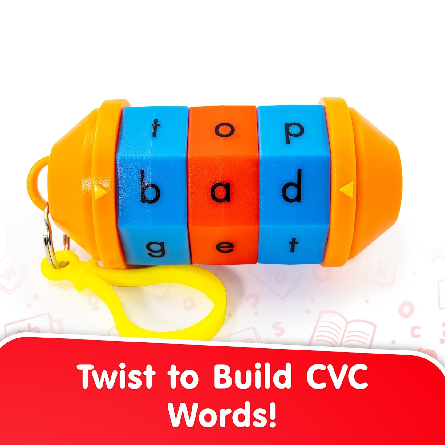 Junior Learning Word Tumbler CVC toy with blue, orange, and yellow rotating cylinders for building phonics words