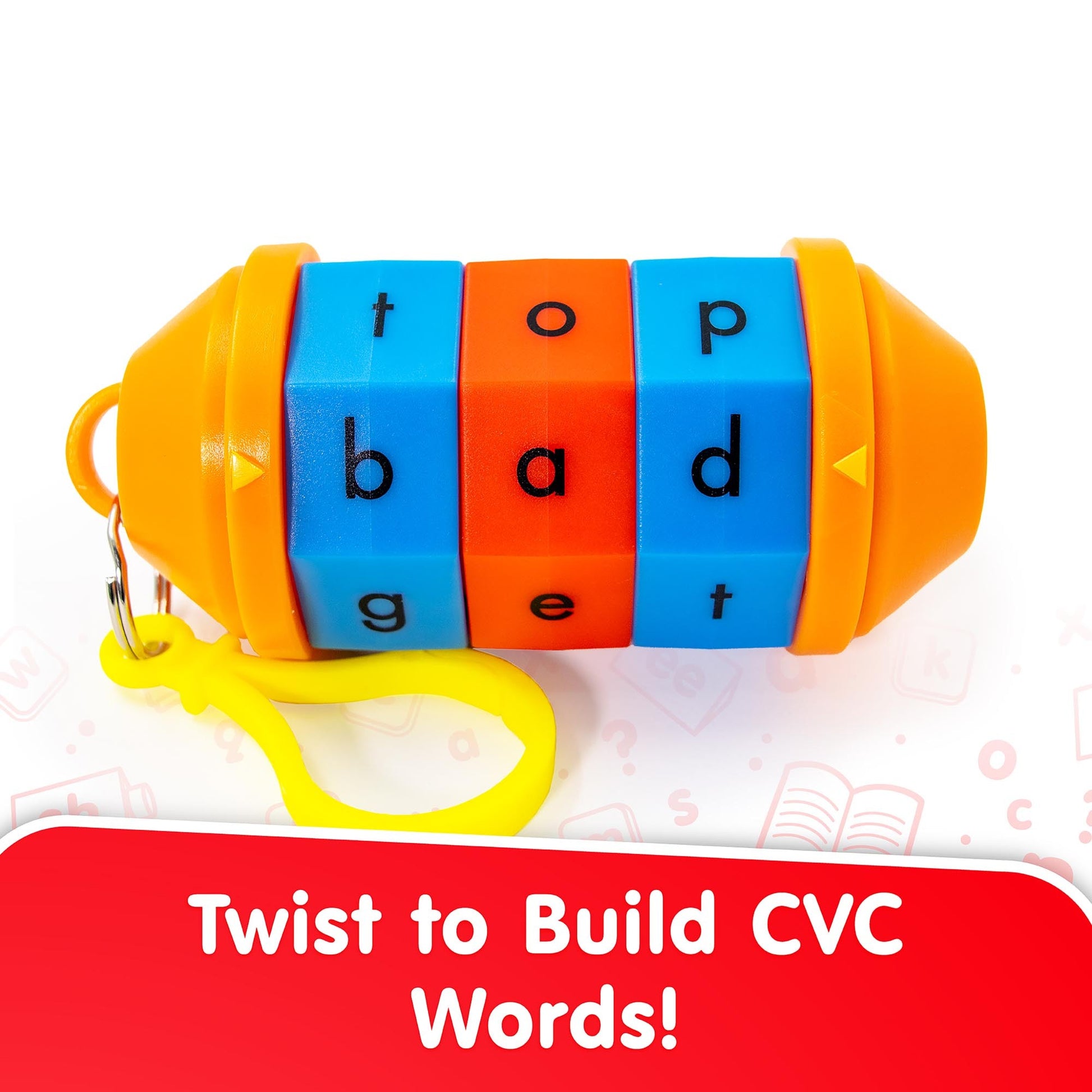 Junior Learning Word Tumbler CVC toy with blue, orange, and yellow rotating cylinders for building phonics words