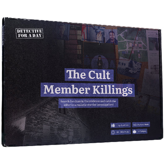Detective For A Day: The Cult Member Killings murder mystery game box with interactive investigation gameplay
