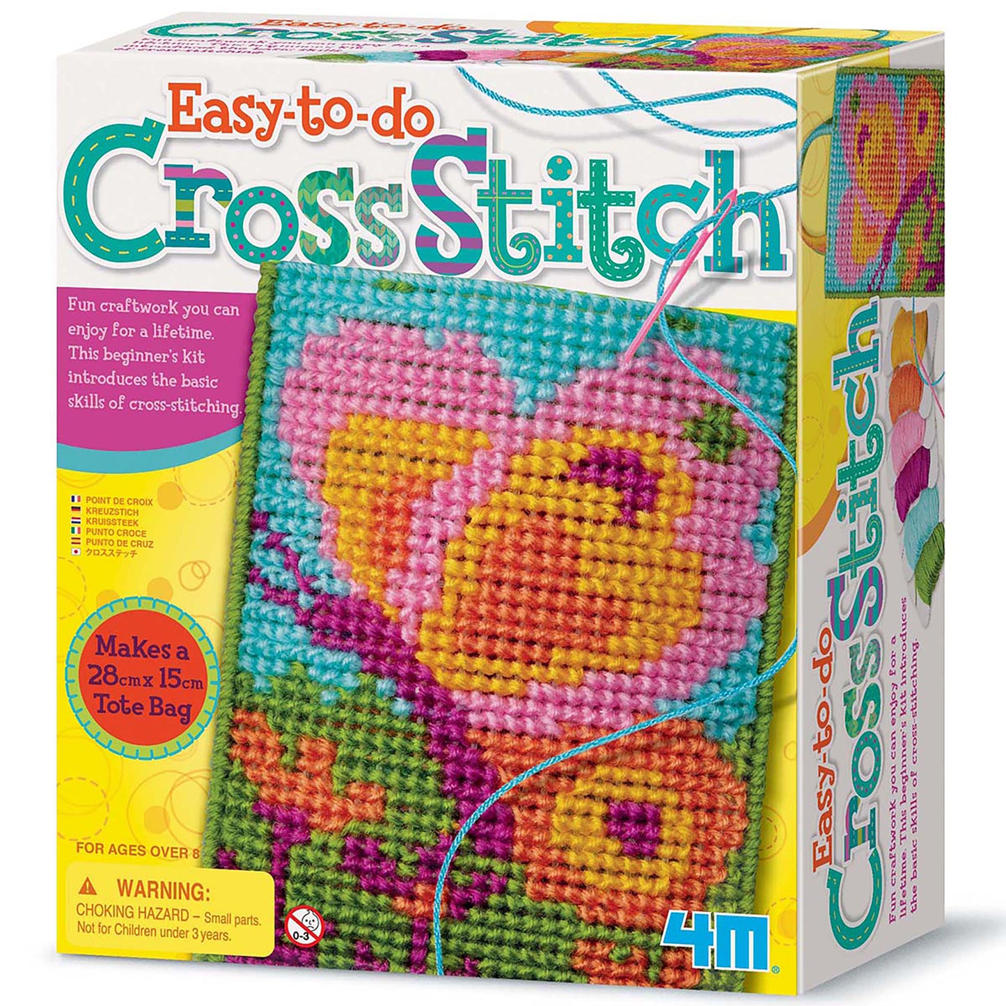 Easy-to-do Cross Stitch kit with colorful rainbow tote bag project featuring pink, yellow, turquoise and green