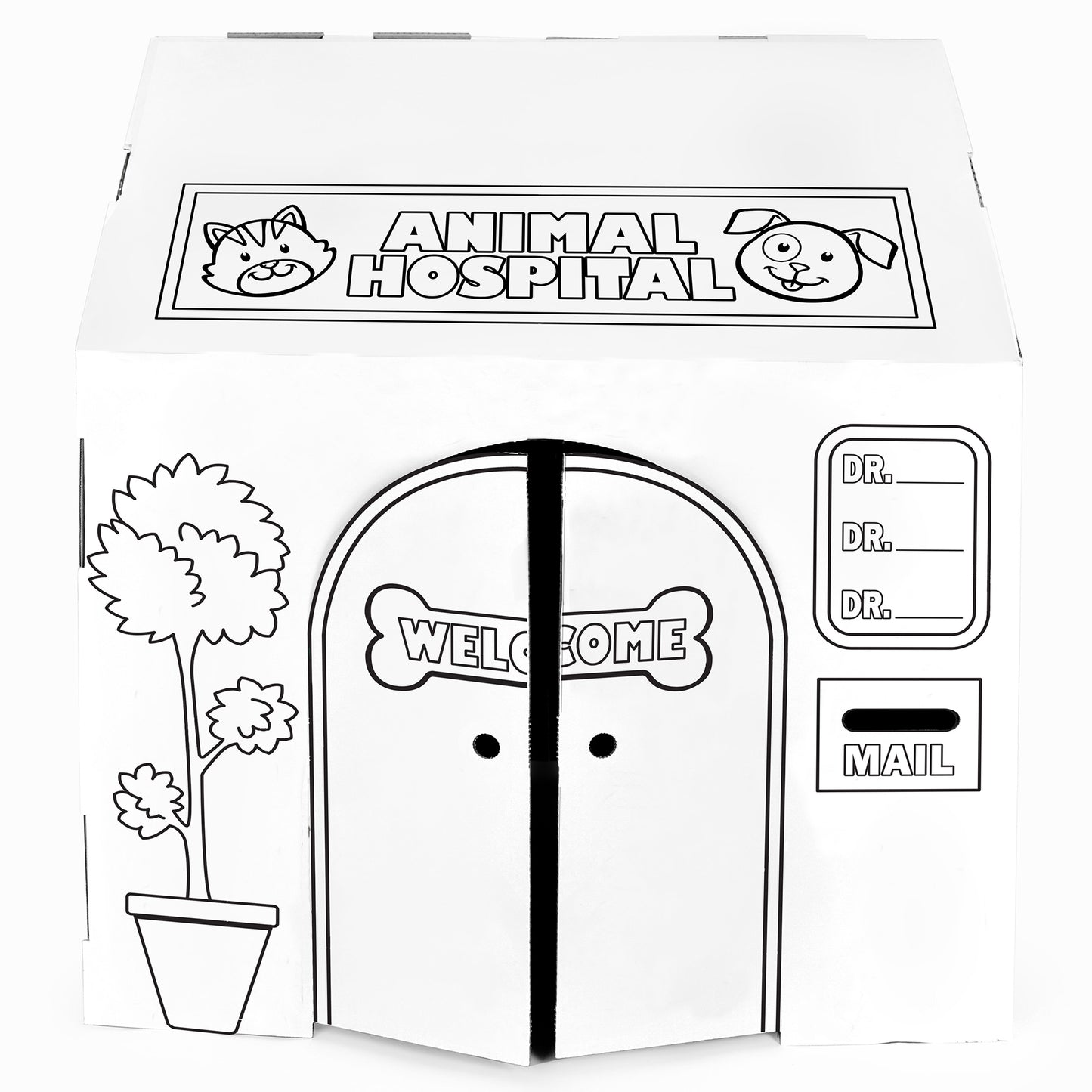 Easy Playhouse Animal Hospital cardboard playhouse with cat and dog graphics