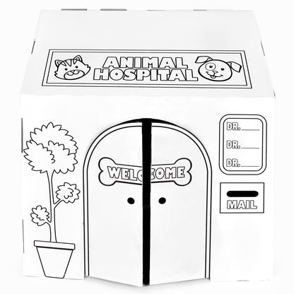 Easy Playhouse Animal Hospital cardboard playhouse with cat and dog graphics