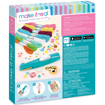 Make It Real Quick Twist Bracelet Maker with turquoise device, 8 colored embroidery threads, and assorted beads