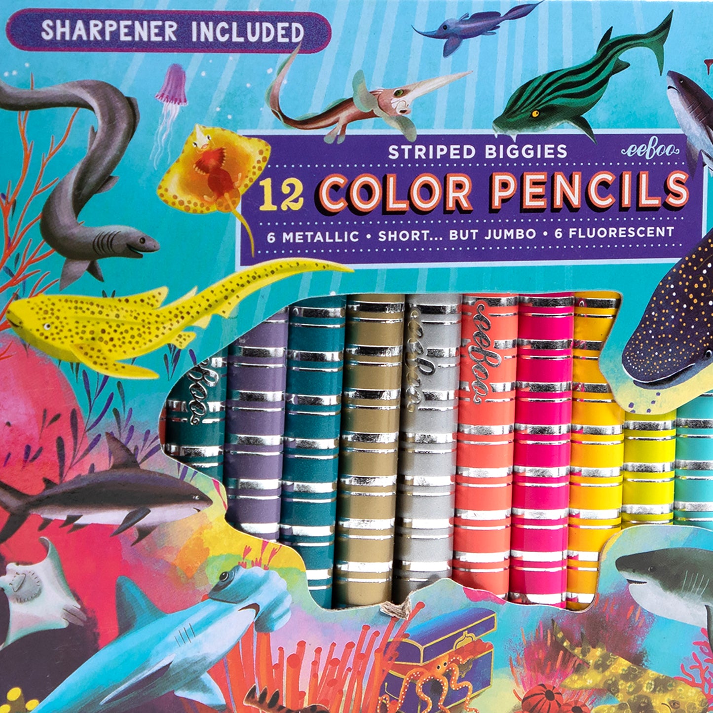 Striped Biggies 12 Color Pencils set with metallic colors and sharpener included, ocean theme packaging