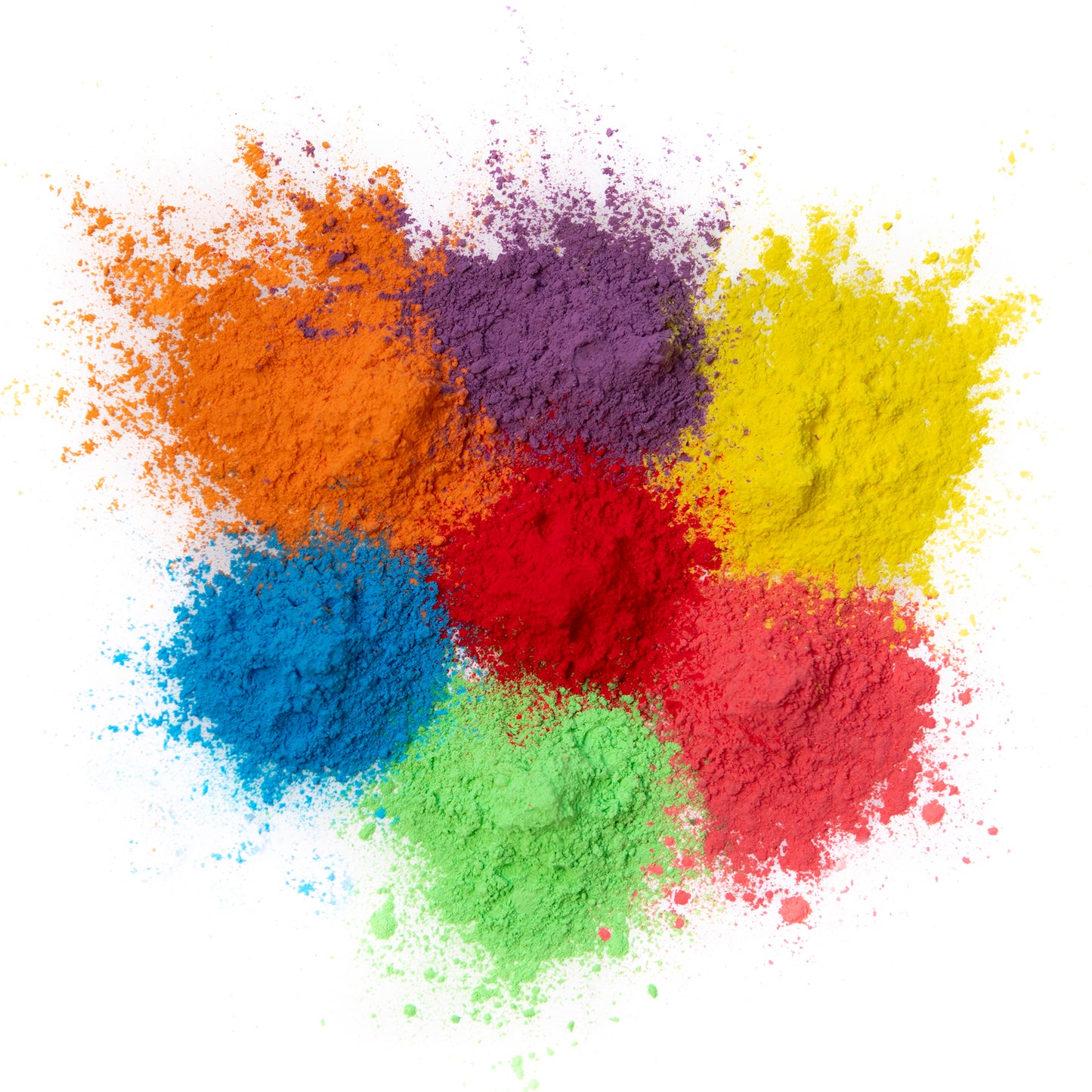 Holi Color Powder 7-pack showing vibrant rainbow powders in blue, green, red, yellow, orange, and purple