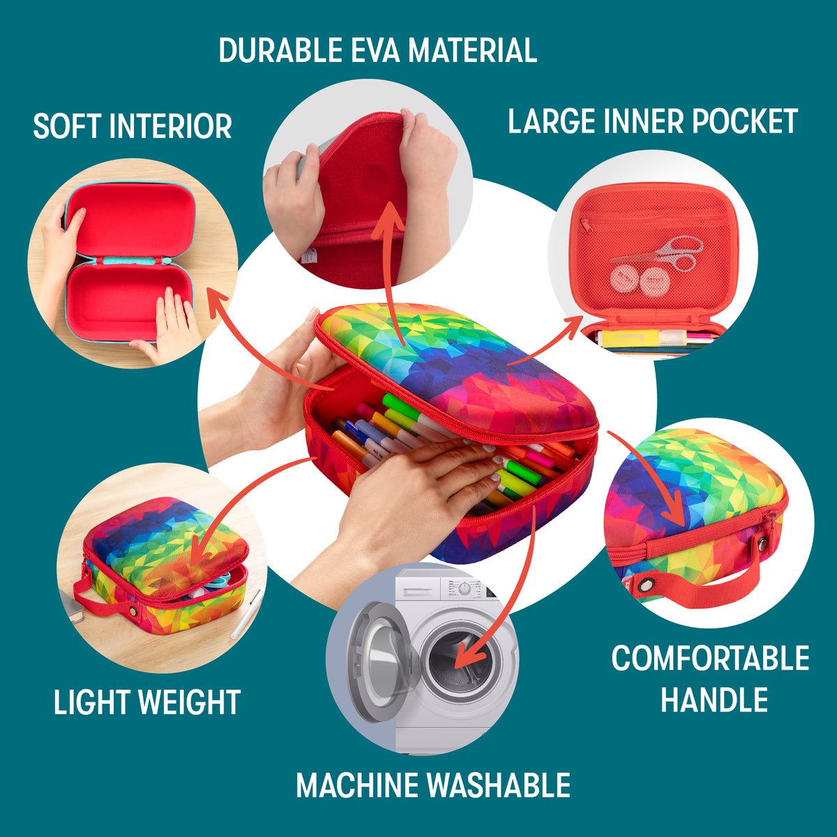 Jumbo Pencil Case Rainbow with colorful gradient design, zipper closure, and comfortable handle for storage