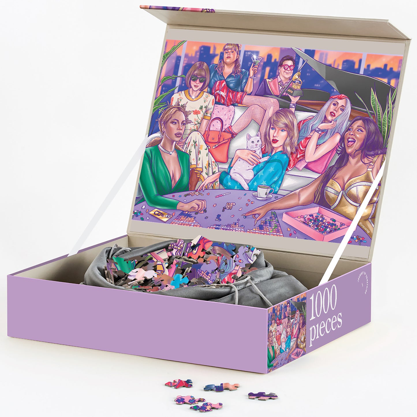 JOS 1000 Piece Puzzle - A Night In, colorful box with purple exterior and illustration of women at party