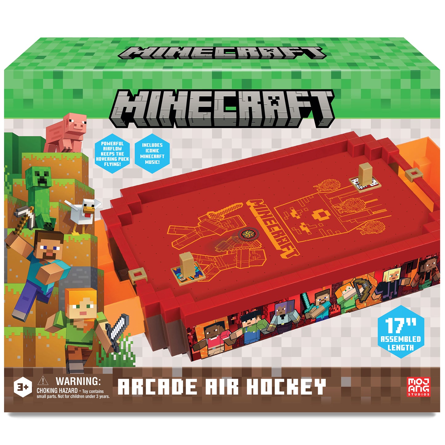 Minecraft Arcade Air Hockey red tabletop game with 17-inch assembled length, featuring Nether theme design