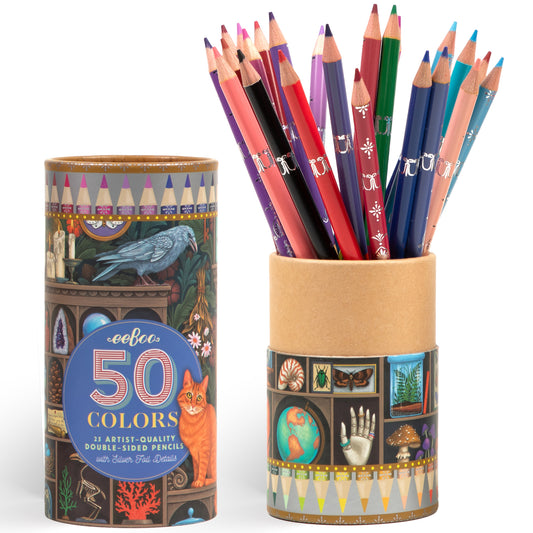 eeBoo Alchemist's Cabinet 50-color double-sided colored pencils set with decorative cylindrical packaging featuring illustrated cabinets, birds, and nature moti