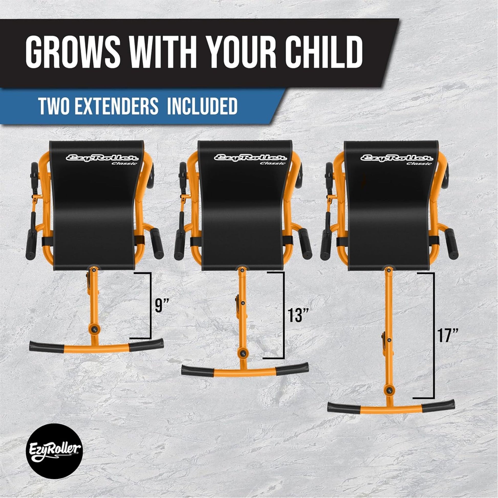 EzyRoller Classic GoMango Orange with two extenders showing growth stages