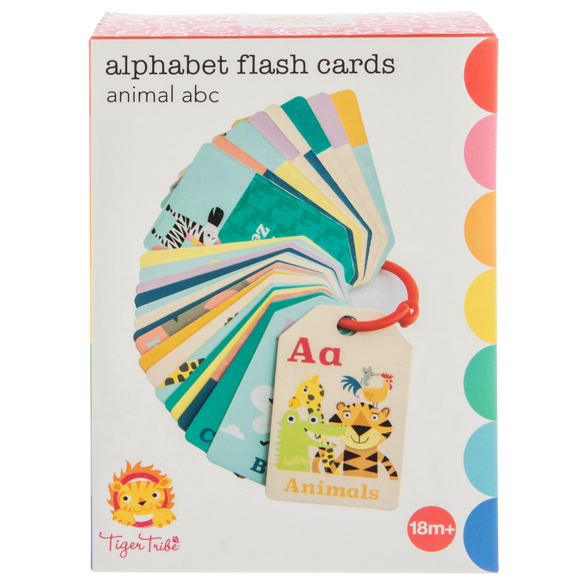 Animal ABC alphabet flash cards in multicolored stack with red ring binding, front card showing letter Aa with tiger and animals illustration