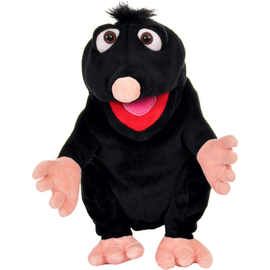 Black plush hand puppet with large round eyes, pink nose and mouth, red tongue, spiky black hair, and pink hands and feet