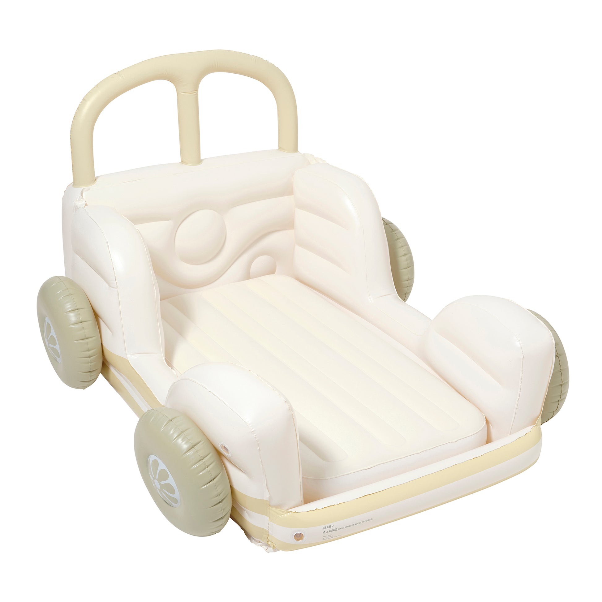 Cream-colored inflatable kids' van bed with arched handles, padded interior, and tan wheels on plain background
