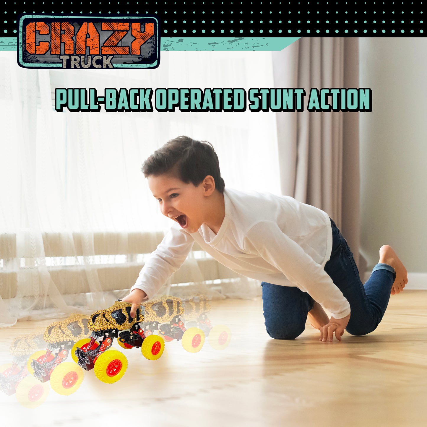 Thin Air Toys Crazy Truck Dinosaur Monster Skull Stunt Truck - Orange & Black, 4.5"