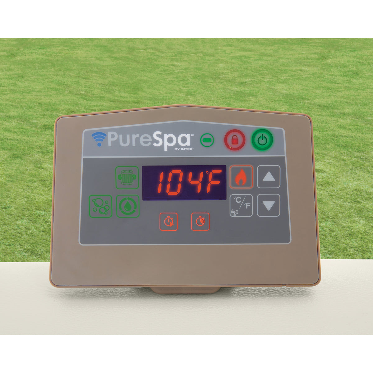 PureSpa Chevron Deluxe Hot Tub control panel displaying 104°F temperature