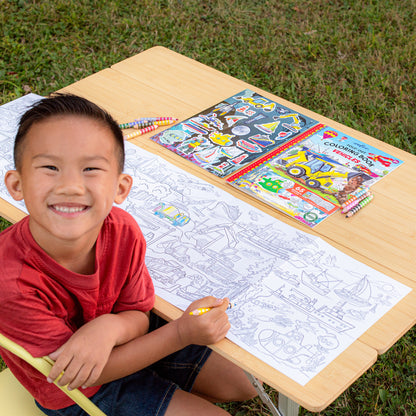 Fold-Out Coloring Book: Vehicles with pencils, featuring transportation designs