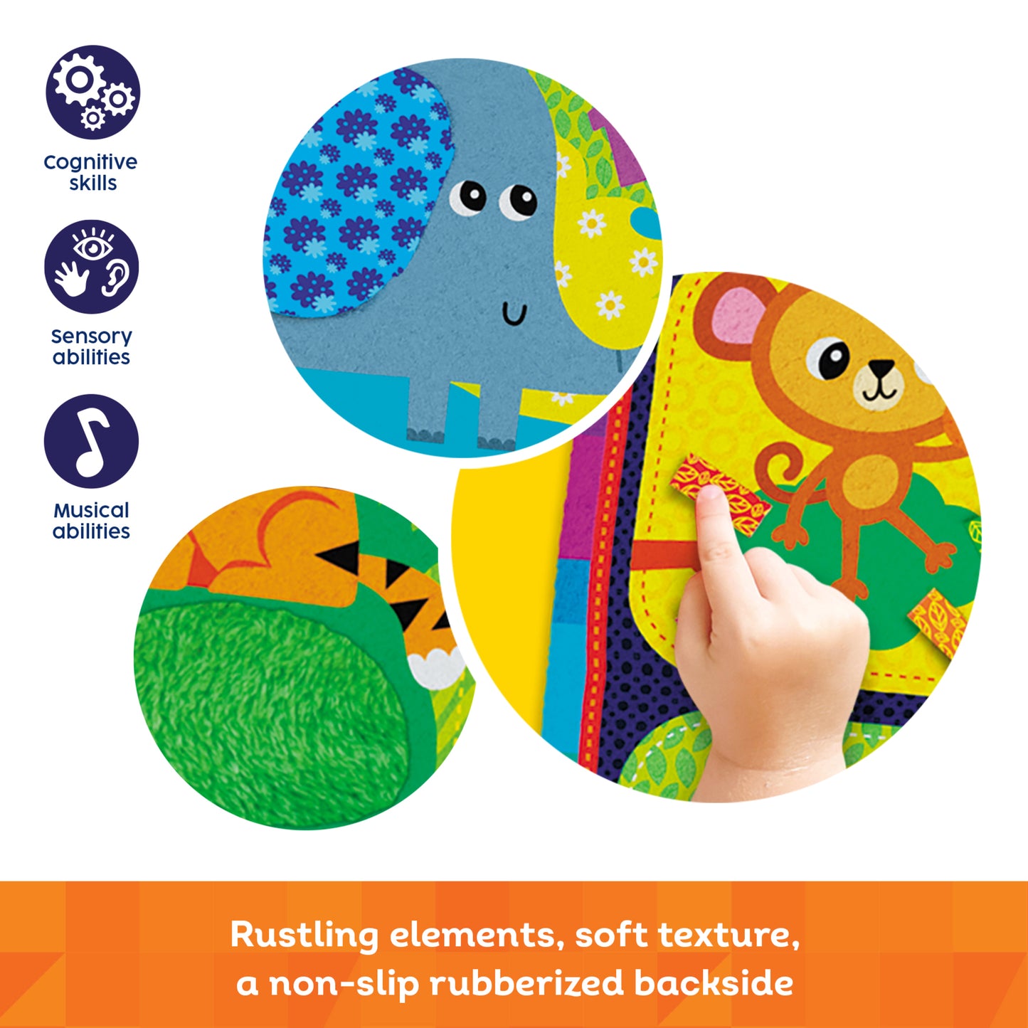 Baby Touch Mat My First Zoo sensory play pad with colorful animals, rustling elements, and soft textures