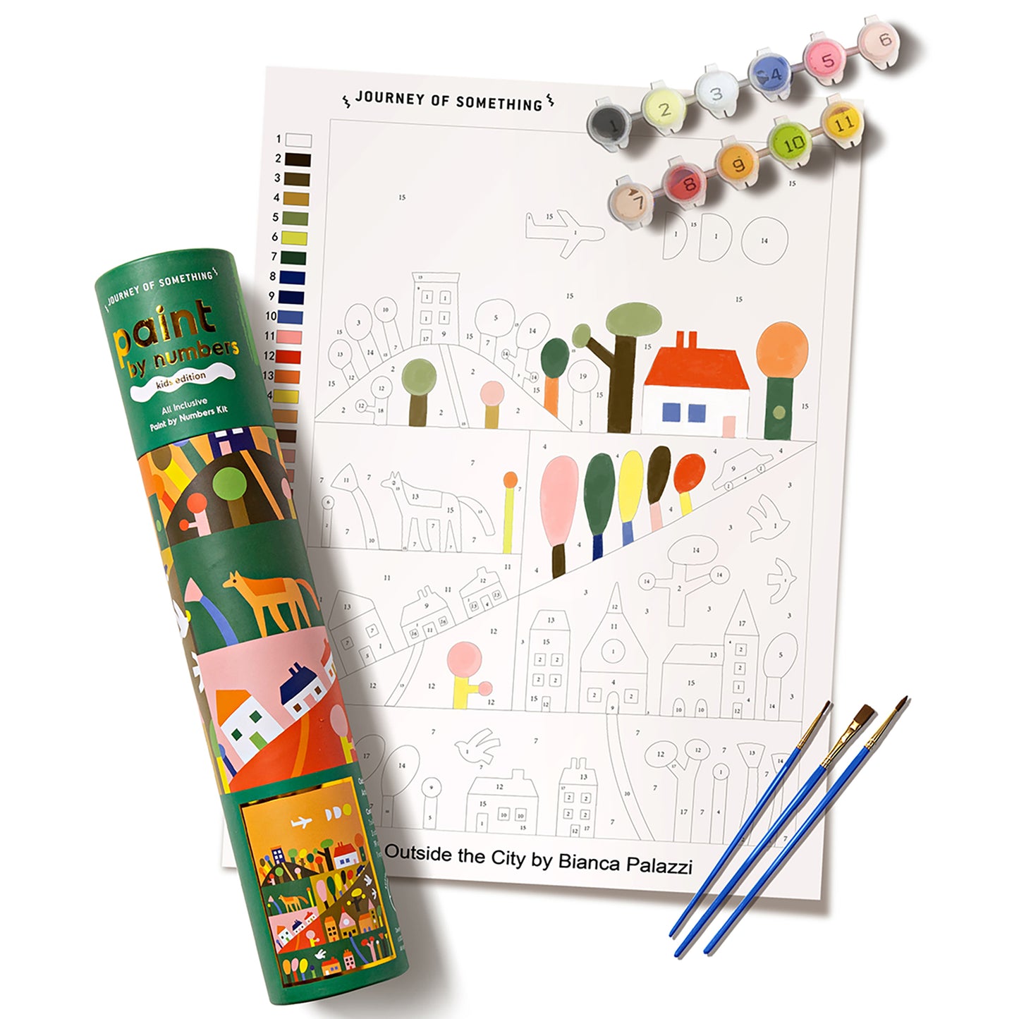JOS Paint By Numbers Outside The City kit with numbered colors, paintbrushes, and coloring pages