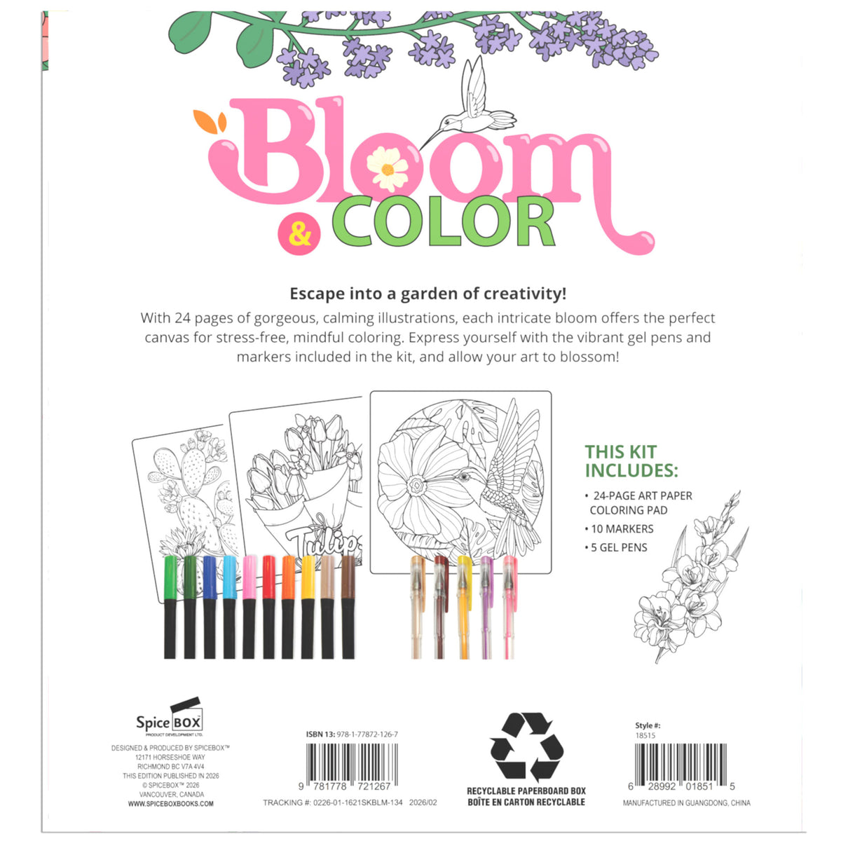 Bloom & Color coloring kit with 24-page pad, markers, and gel pens featuring floral illustrations
