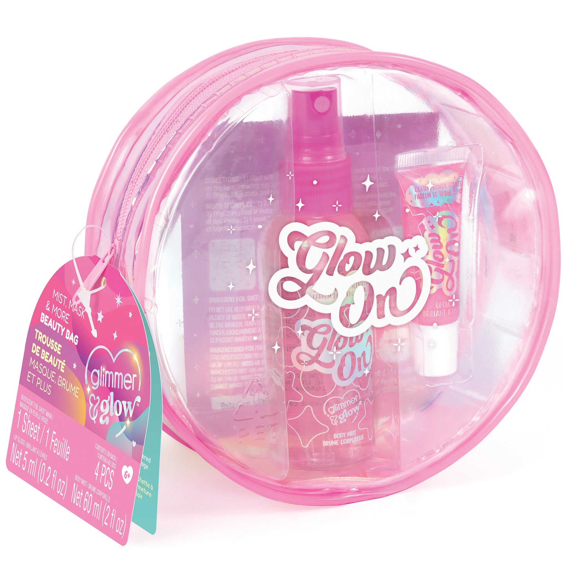 Glimmer & Glow Mist Mask Beauty Bag in pink with body mist, face mask, and lip gloss