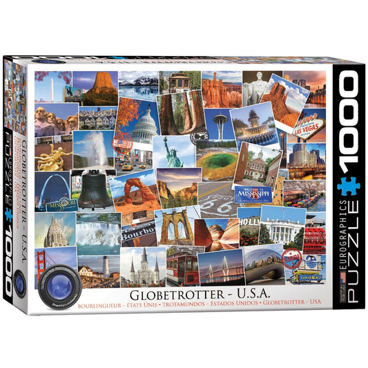 Eurographics Globetrotter USA 1000 piece jigsaw puzzle featuring colorful travel collage of American landmarks