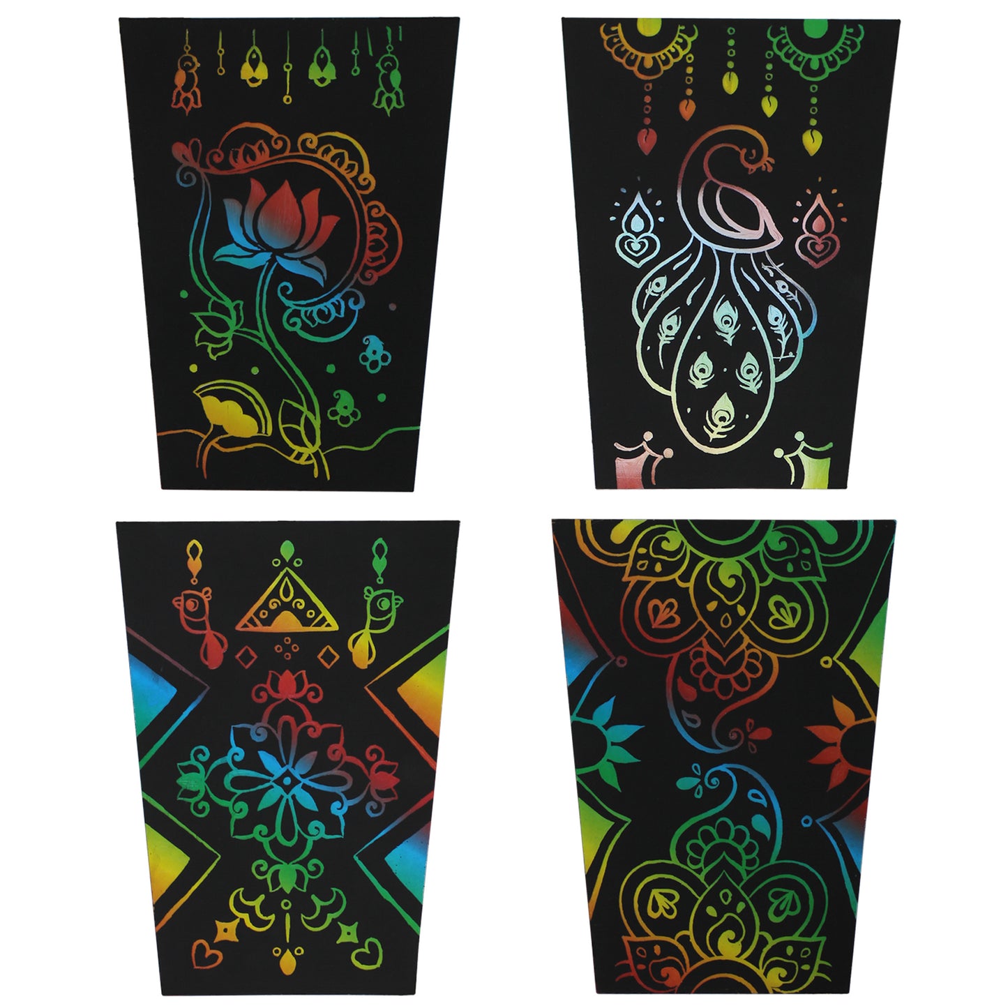 Rangoli Mandala Scratch Art Lantern with colorful rainbow designs on black