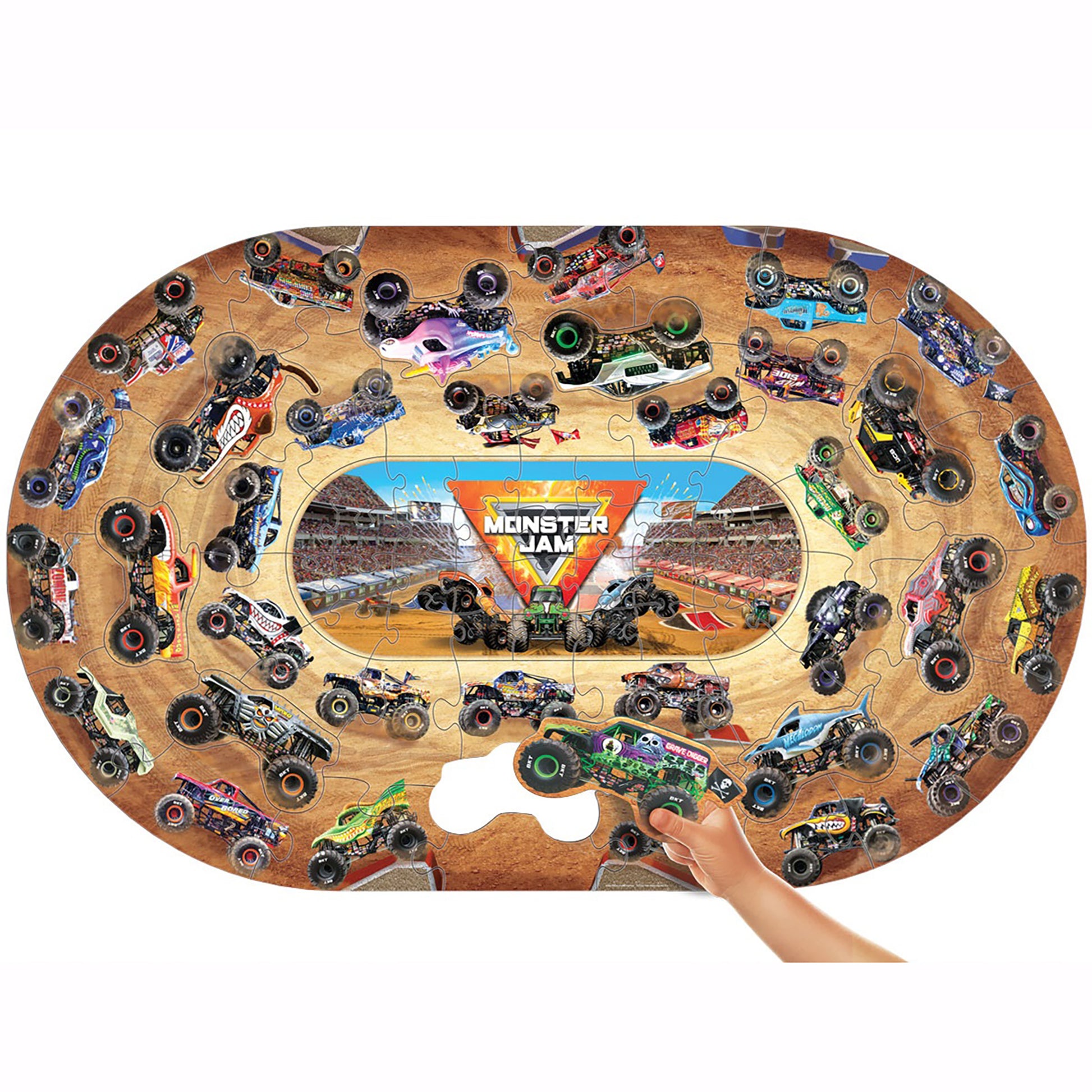 Monster Jam Giant Floor Puzzle 74-piece with colorful monster trucks and stadium scene on brown background