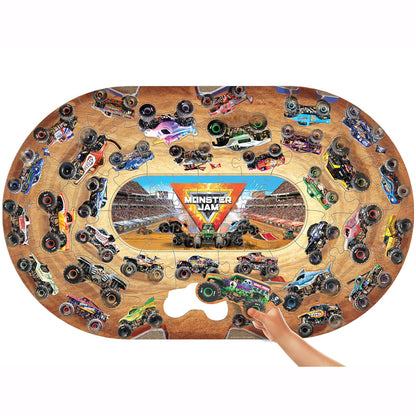 Monster Jam Giant Floor Puzzle 74-piece with colorful monster trucks and stadium scene on brown background