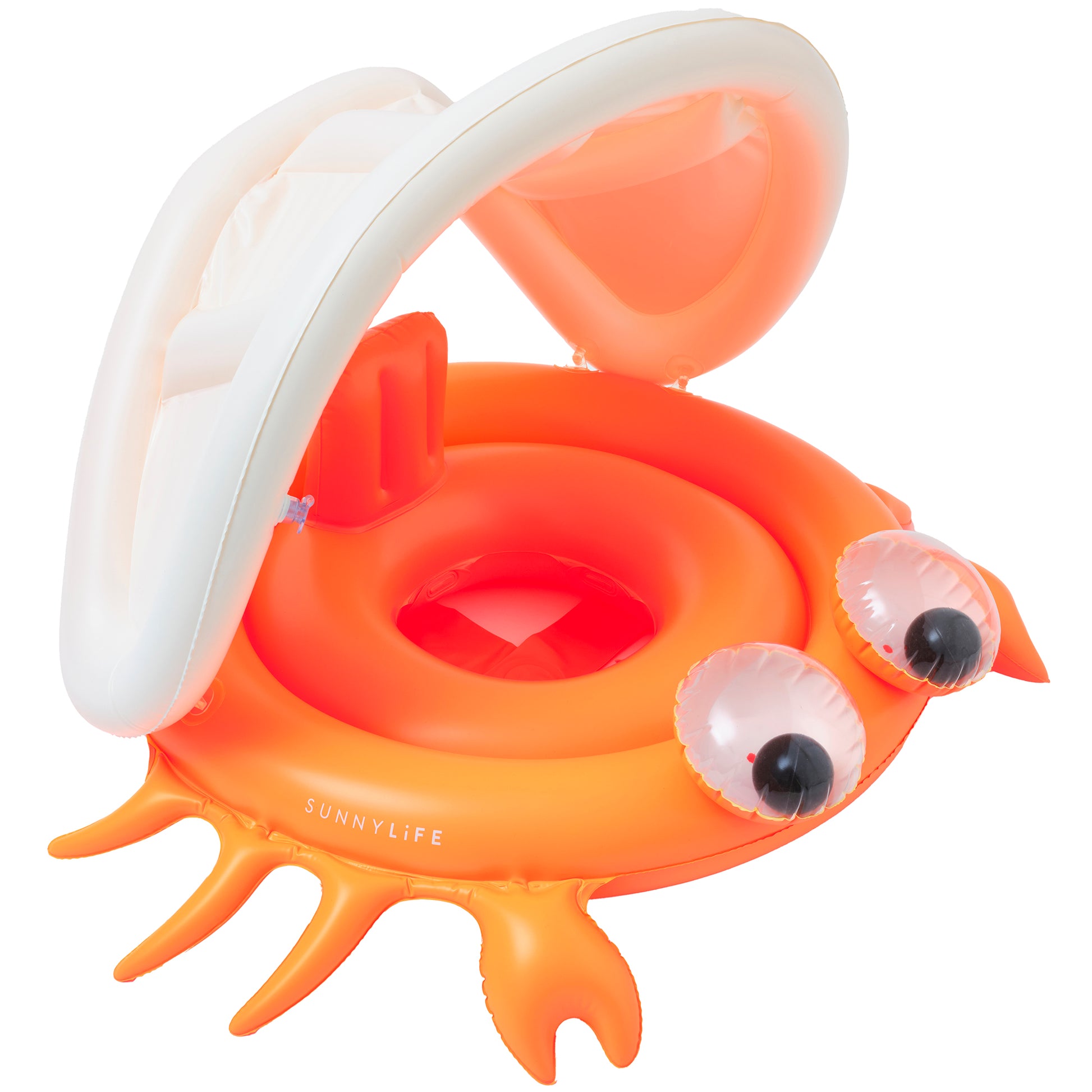 Sonny the Sea Creature Baby Float in neon orange with white canopy and googly eyes
