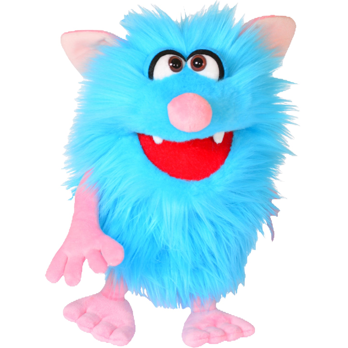 Blue furry plush puppet with pink nose, ears, and feet, wide eyes with black pupils, and red open mouth with white teeth