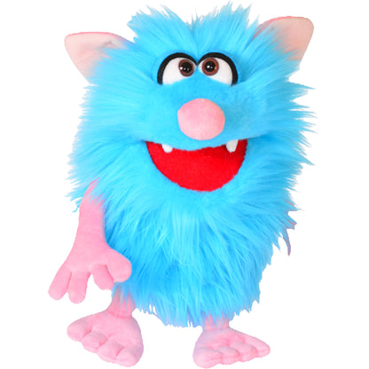 Blue furry plush puppet with pink nose, ears, and feet, wide eyes with black pupils, and red open mouth with white teeth
