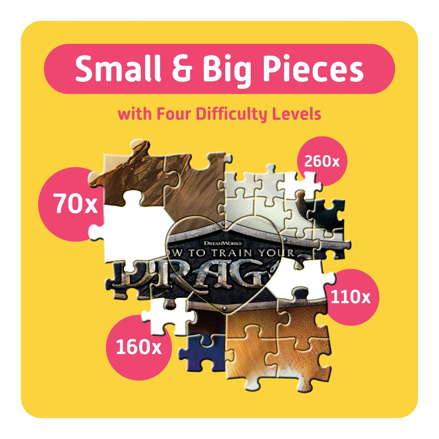 How to Train Your Dragon 600pc Puzzle with 4 difficulty levels: 70x, 110x, 160x, 260x pieces
