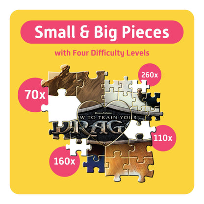 How to Train Your Dragon 600pc Puzzle with 4 difficulty levels: 70x, 110x, 160x, 260x pieces