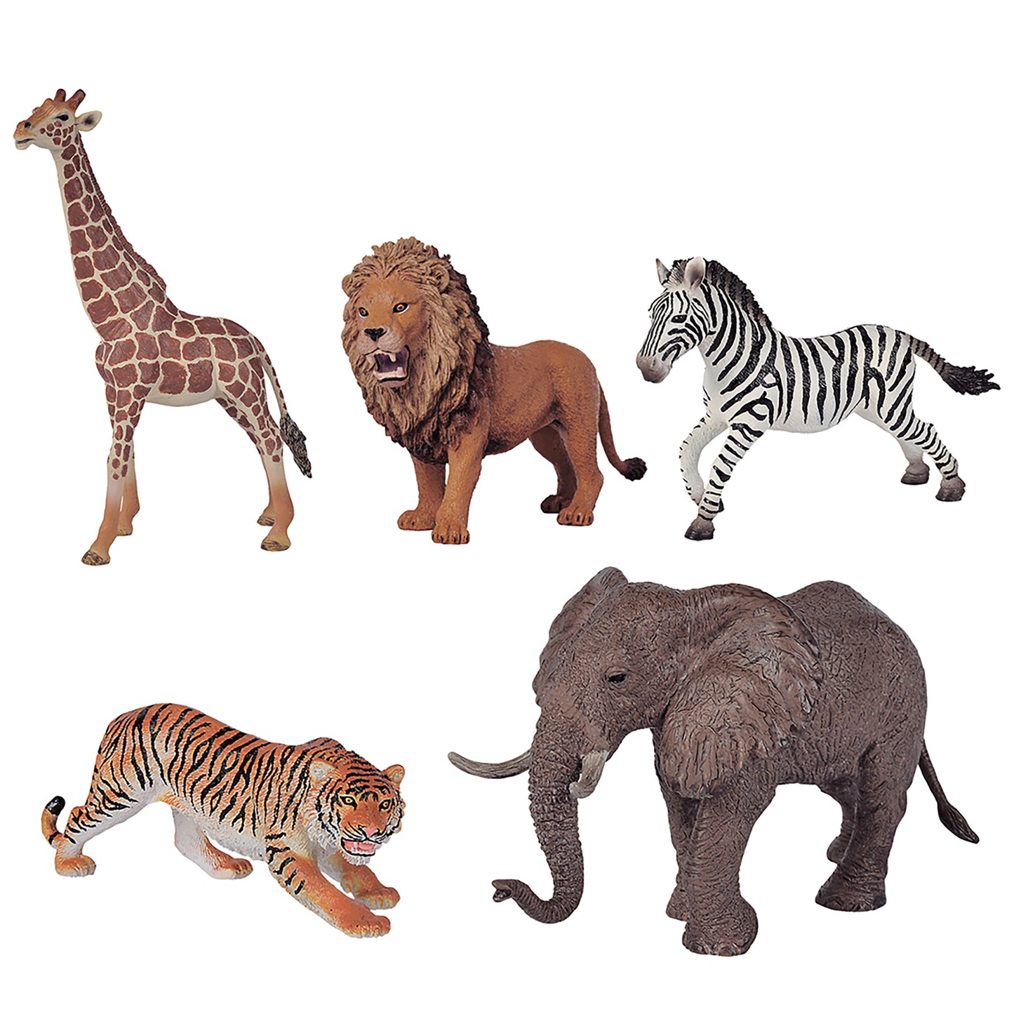 Five realistic animal figurines: giraffe, lion, zebra, tiger, and elephant on plain white background