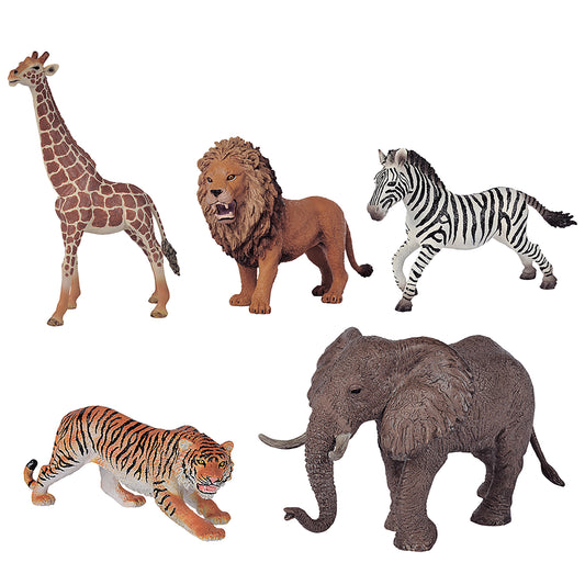 Five realistic animal figurines: giraffe, lion, zebra, tiger, and elephant on plain white background