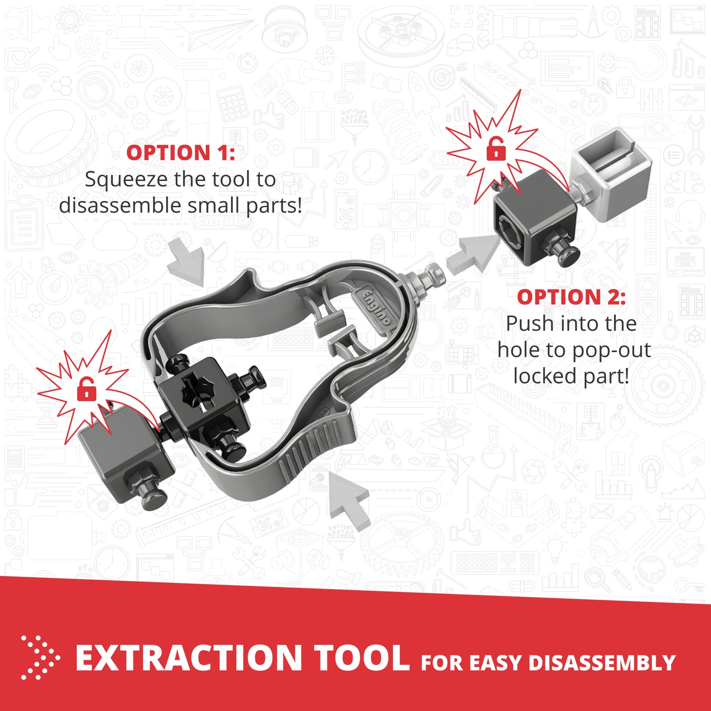 Engino Creative Builder 10-In-1 Vehicles Set extraction tool showing two disassembly methods for small parts