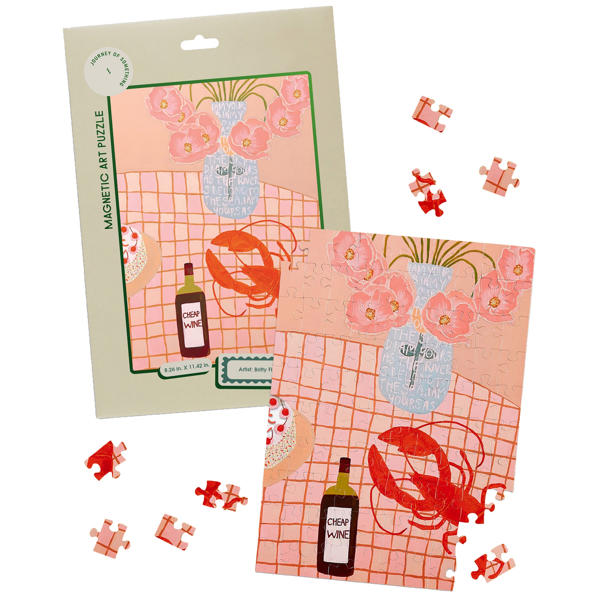 JOS Magnetic Puzzle - Lobster Lunch with pink flowers, wine bottle, and red lobster design