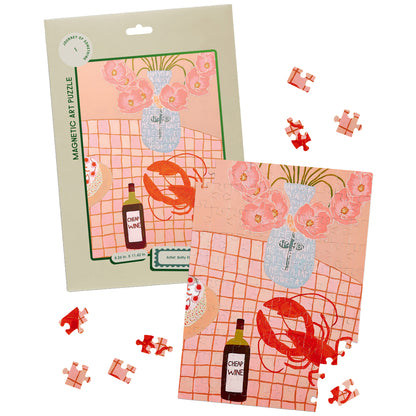 JOS Magnetic Puzzle - Lobster Lunch with pink flowers, wine bottle, and red lobster design