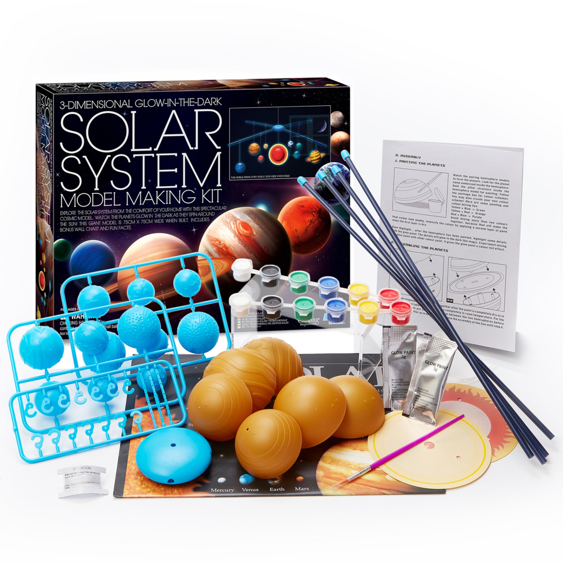 4M Solar System Model Making Kit with colorful planet spheres, paint, and assembly pieces
