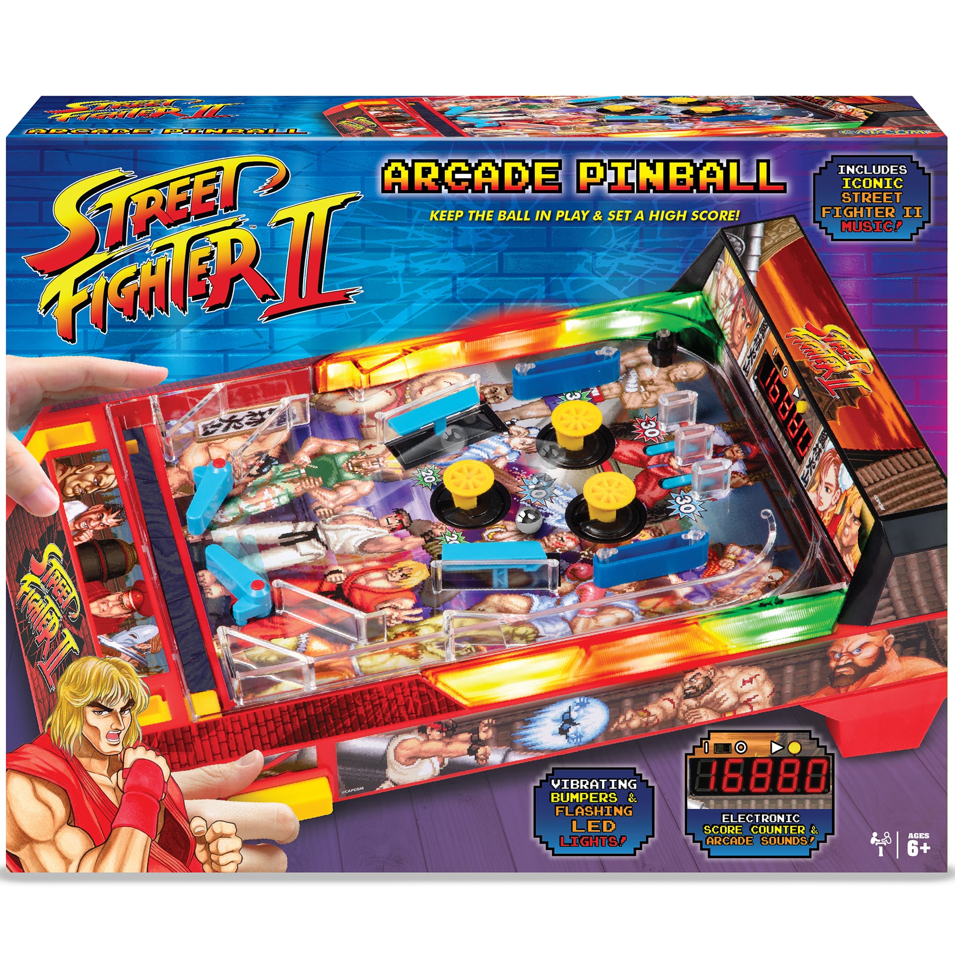 Street Fighter II Arcade Pinball game with LED lights, flippers, and electronic score counter