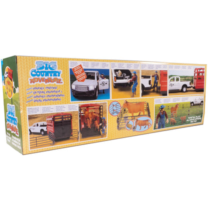 Big Country Adventure Truck & Cattle Trailer Playset with white pickup truck, red cattle trailer, and farm accessories