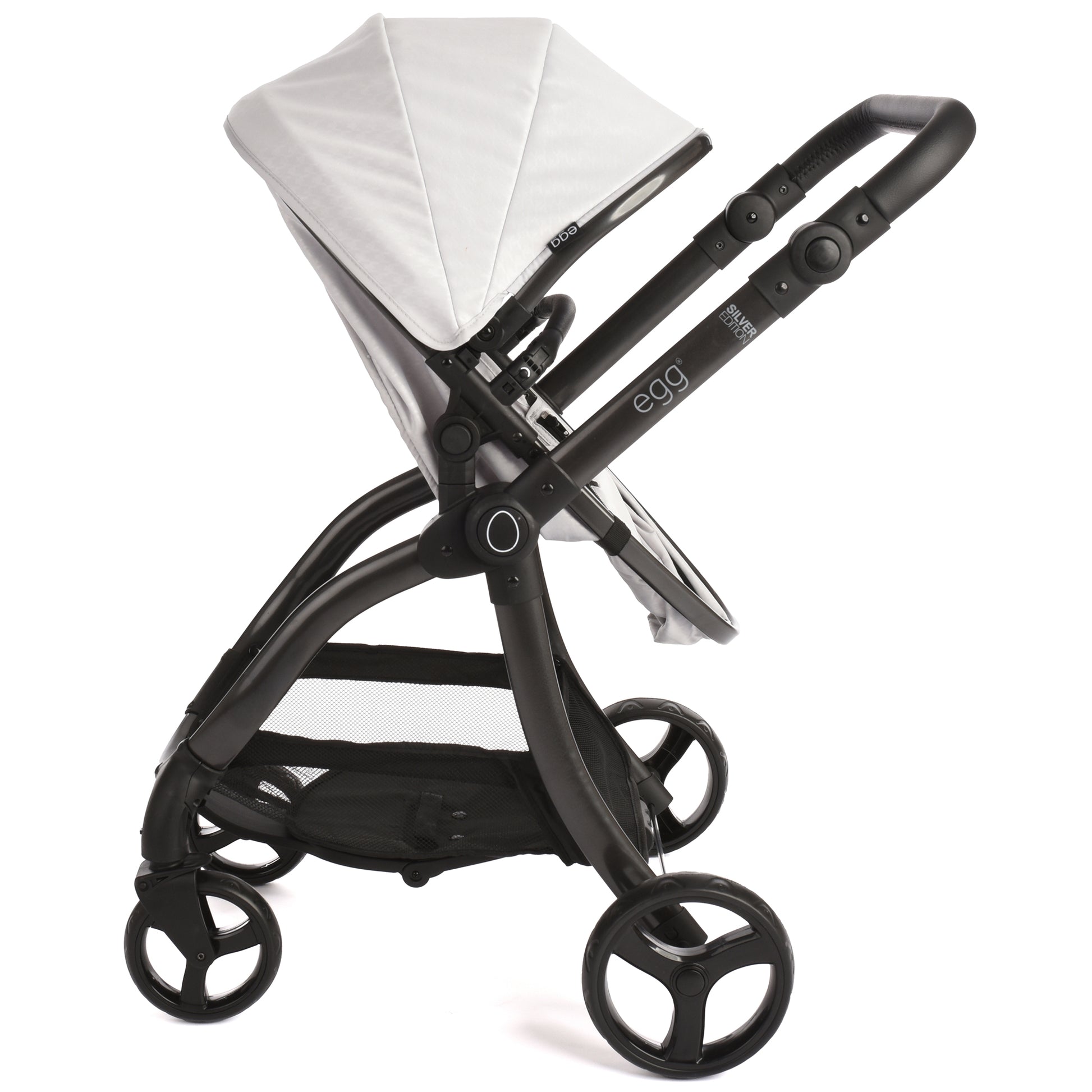 Roma egg Doll Pram Feather with white canopy and black frame