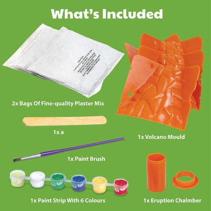 KidzLabs Volcano Making Kit contents including plaster mix, mould, paints, brush and eruption chamber