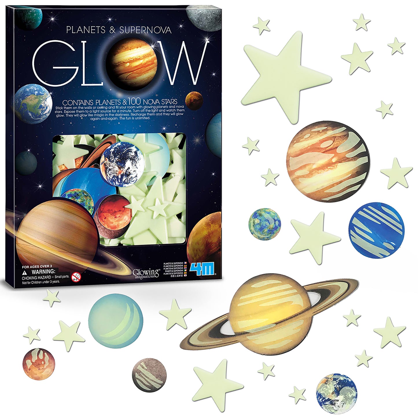 Planets & Supernova glow-in-the-dark set with product box on left showing planets and stars on dark background, and loose glow-in-the-dark planet pieces and sta