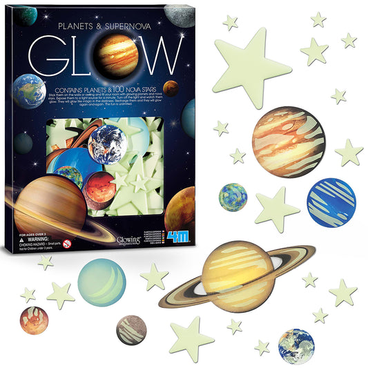 Planets & Supernova glow-in-the-dark set with product box on left showing planets and stars on dark background, and loose glow-in-the-dark planet pieces and sta